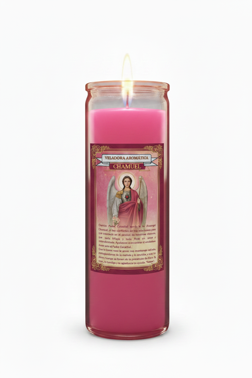 Veladora Arcángel Chamuel con etiqueta