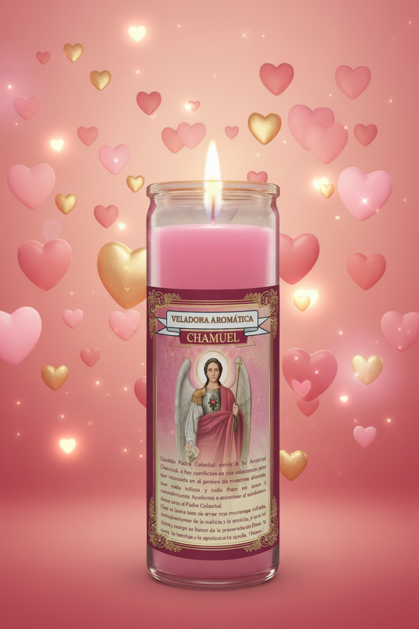 Veladora Chamuel fondo corazones